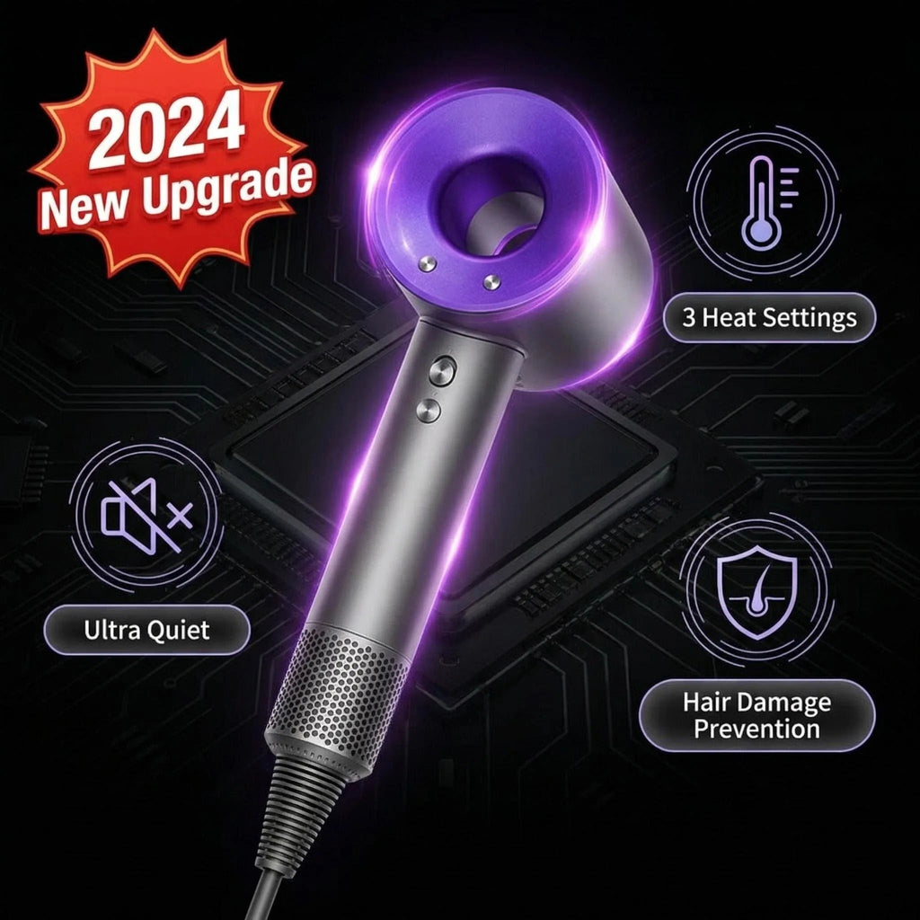 Purple and grey ionic hair dryer with 3 heat settings, ultra-quiet design, and hair damage prevention technology.