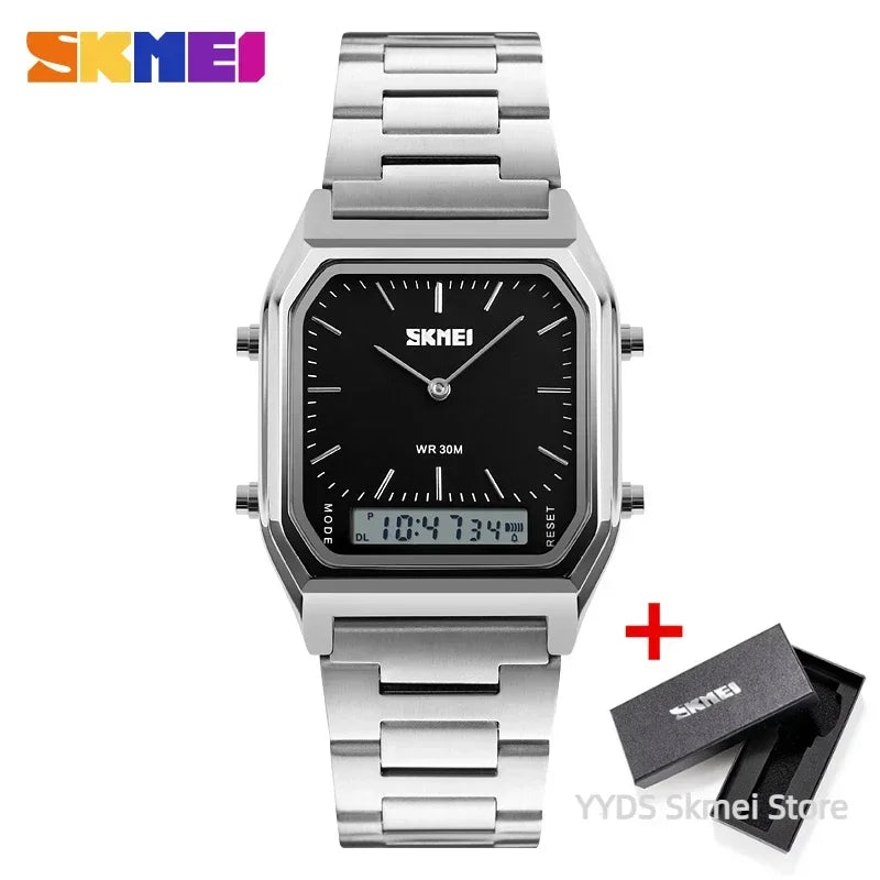 Silver stainless steel SKMEI analog-digital watch with a rectangular case, black face, and included branded gift box.