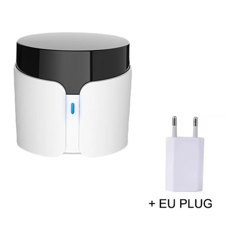 White and black smart IR WiFi remote with blue indicator LED and EU plug