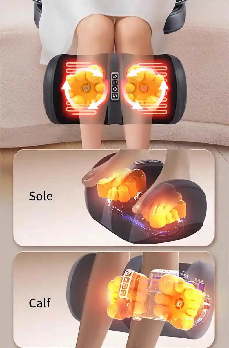 Black, versatile shiatsu massager featuring orange rotating nodes, used on legs, soles, and calves with integrated heat.