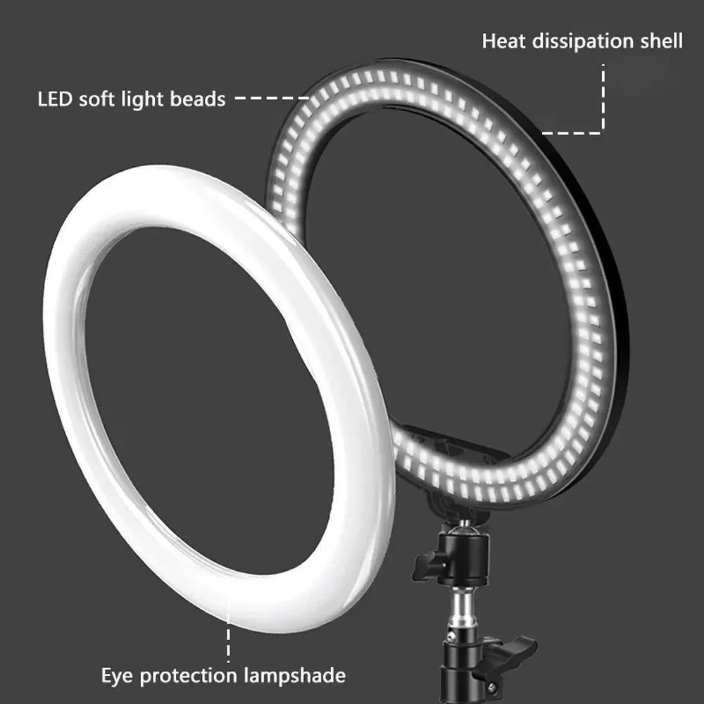 Circular LED ring light with a black heat-dissipation shell and white frosted lampshade for photography and video.