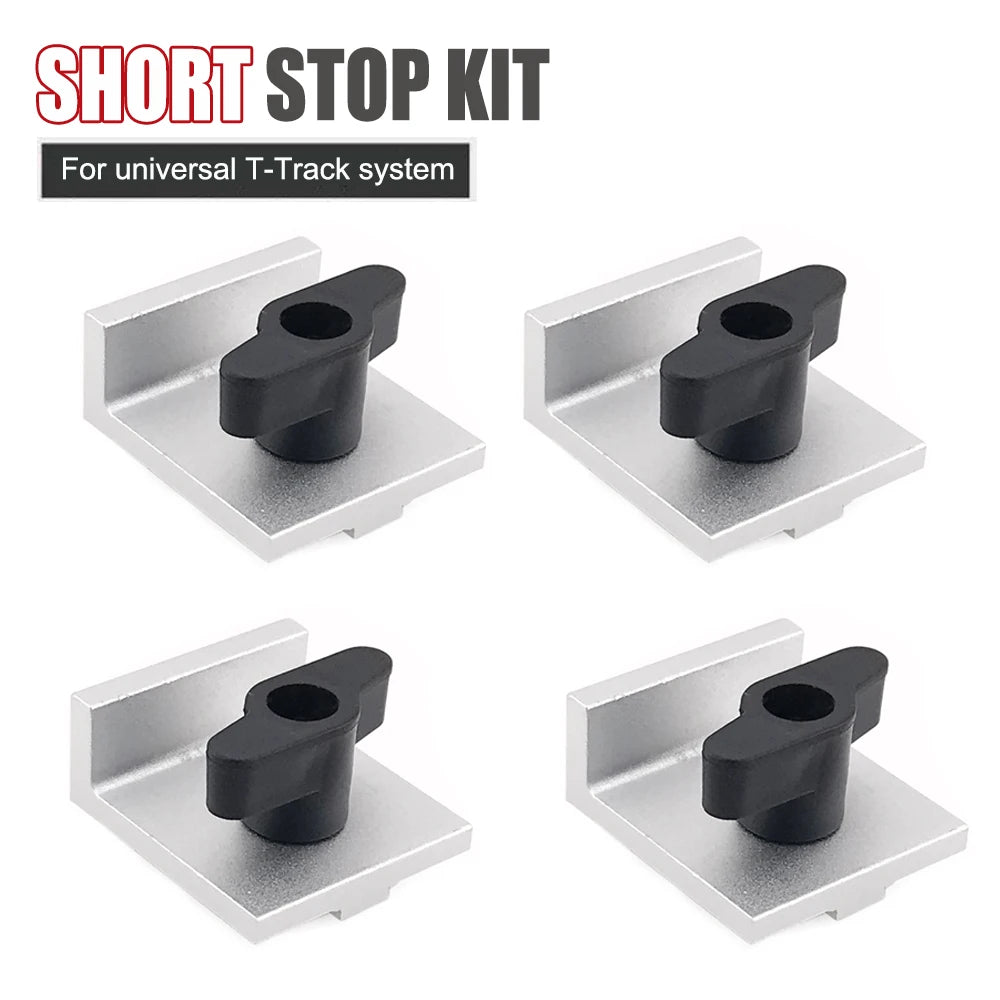 4 Pcs Silver Short Stop Kit with Knobs T Track Stop Block for T-Track Woodworking Sanding and Routing