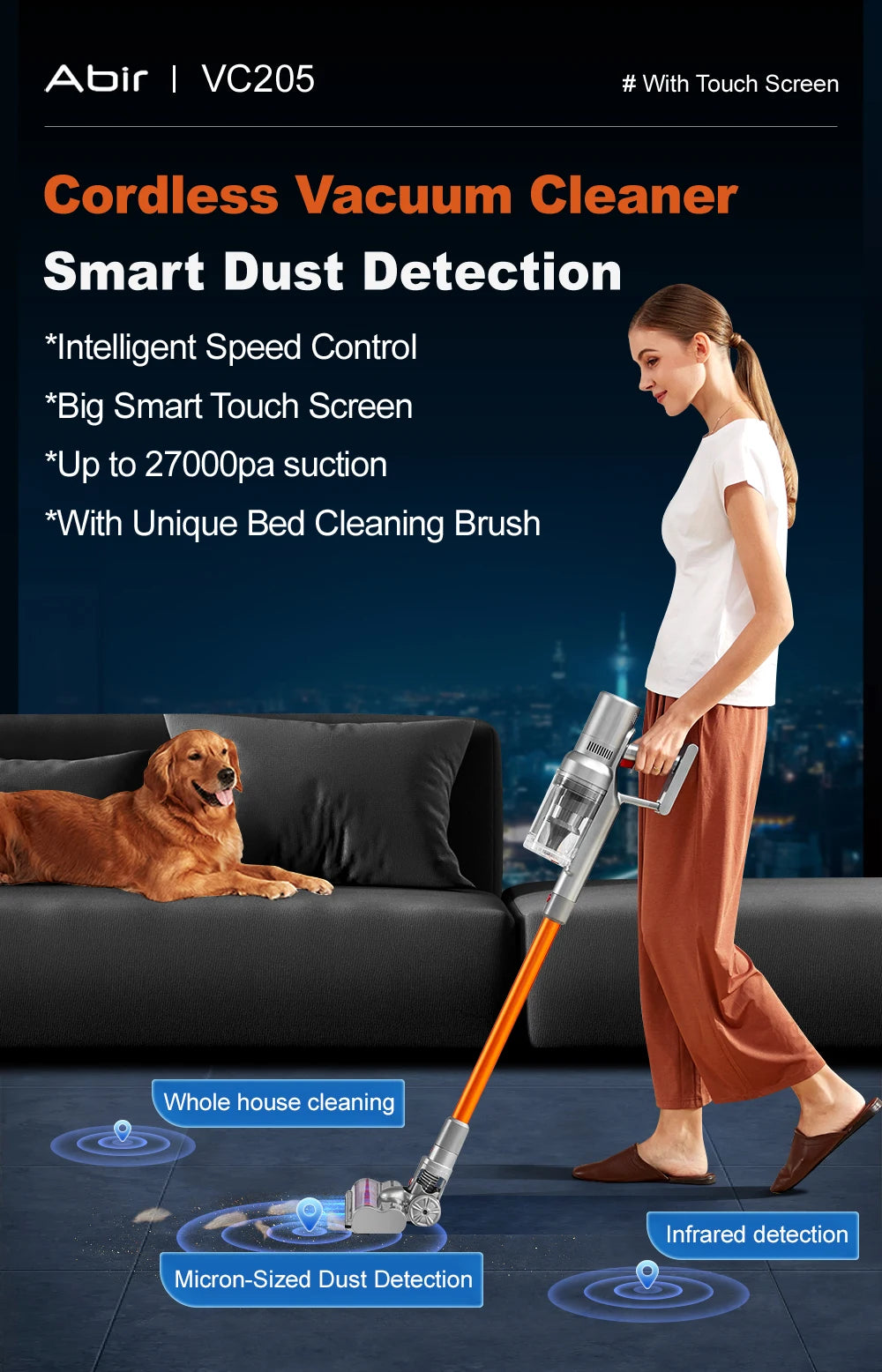 Tidesmit VC205 cordless handheld vacuum showing smart dust sensor and touch screen controls for deep home cleaning.
