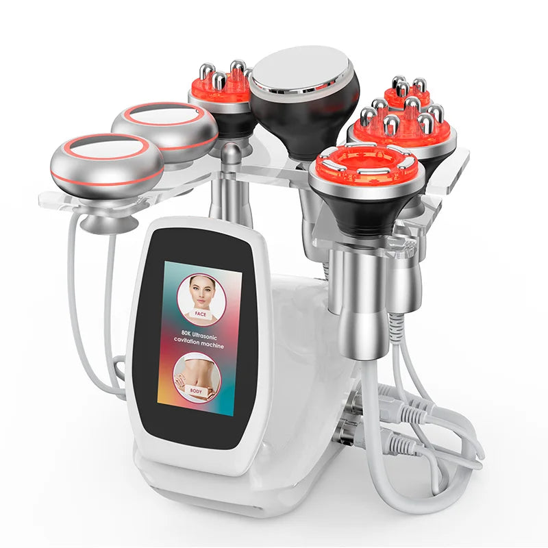 6-in-1 80KHz ultrasonic cavitation machine with RF skin tightening probes and touchscreen for body sculpting at home.