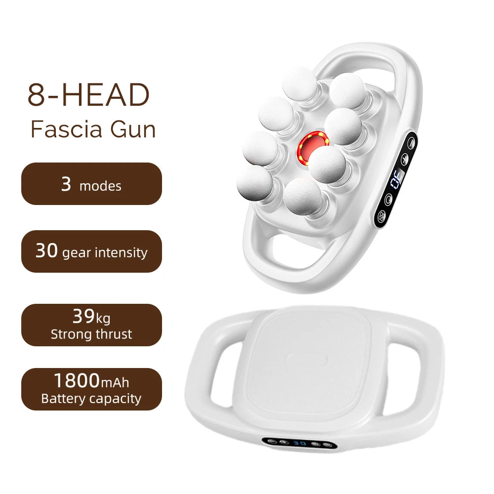 White 8-head fascia massage gun with handles for handheld muscle recovery and deep tissue therapy.