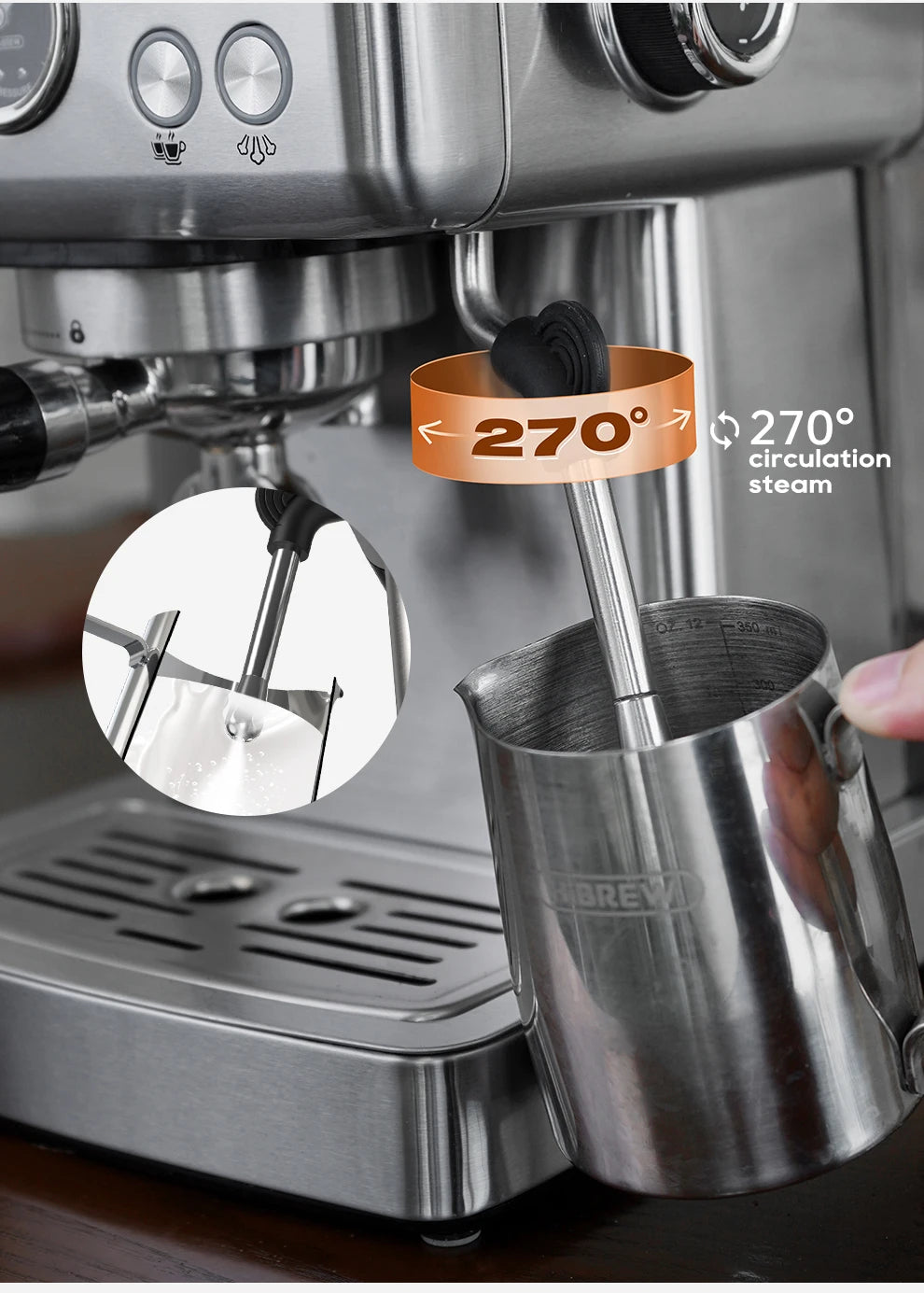 HiBREW espresso machine with 270-degree rotating stainless steel steam wand and milk frothing pitcher.