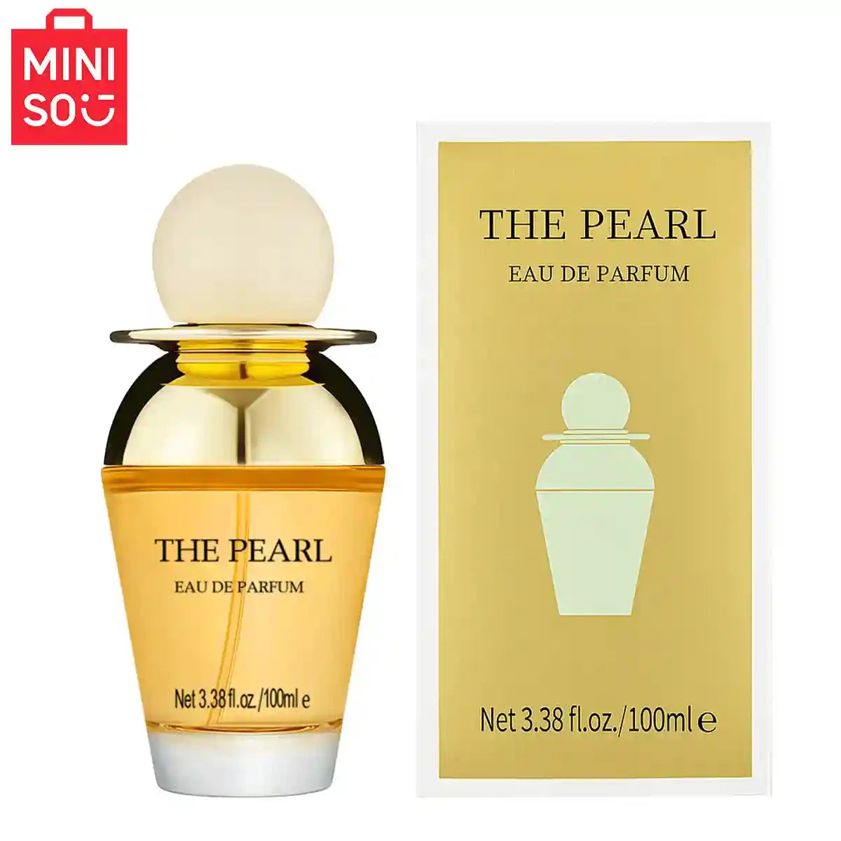 MINISO The Pearl floral Eau de Parfum for women: 100ml luxury scent in a round-cap gold tapered glass bottle.