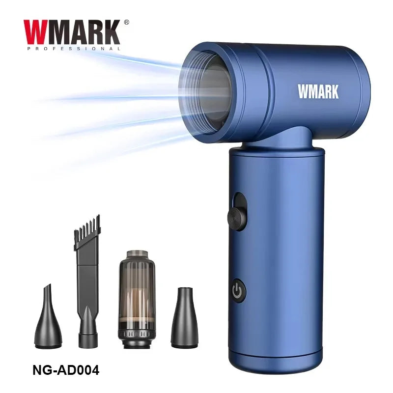 WMARK NG-AD004 blue cordless barber vacuum with 4 attachments for professional hair cleanup and precision detailing.