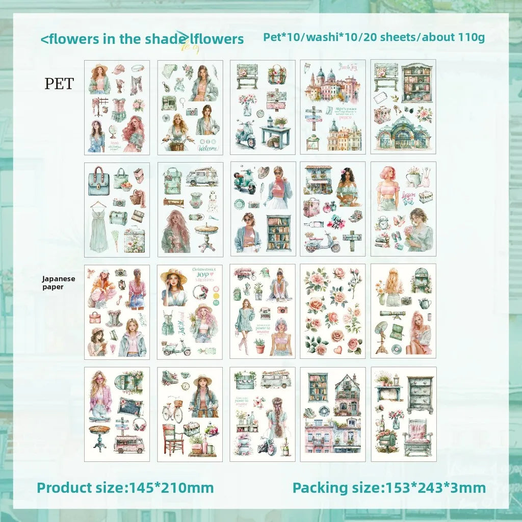 20-sheet PET and washi paper sticker book for scrapbooking, featuring vintage floral and lifestyle designs for journaling.