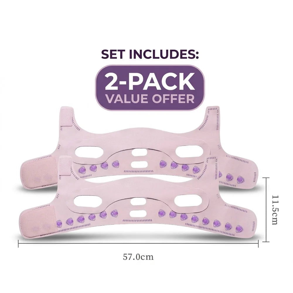 A 2-pack of light pink, adjustable face sculpting V-line straps with internal purple massage nodes and Velcro ends.