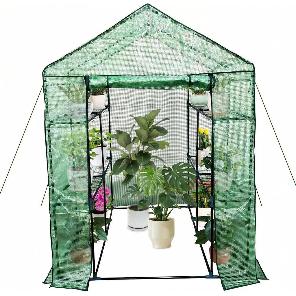 Walk-in Greenhouse for Outdoors,  Green Plant Greenhouse with 8 Shelves, Steel Frame, PE Cover, Roll-Up Zipper Door