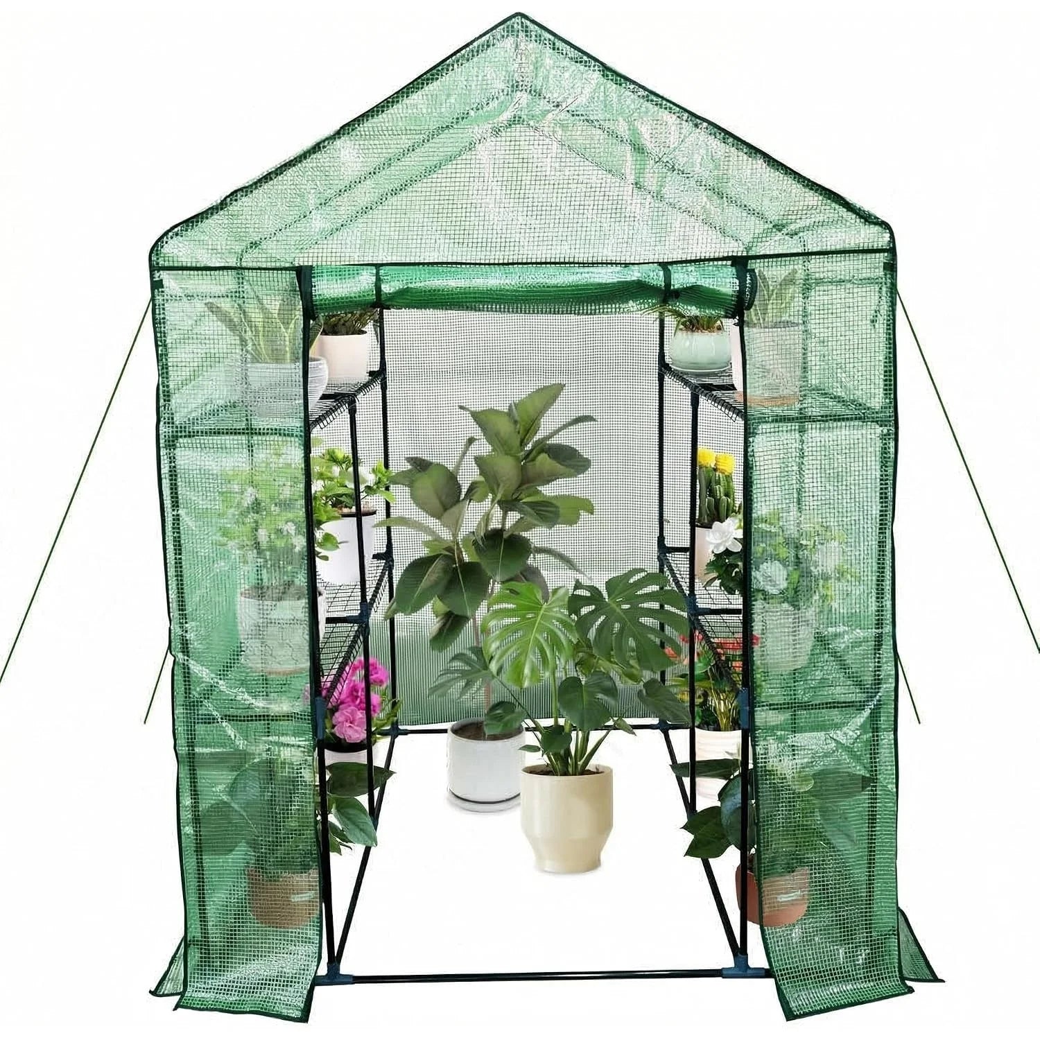 Walk-in Greenhouse for Outdoors,  Green Plant Greenhouse with 8 Shelves, Steel Frame, PE Cover, Roll-Up Zipper Door