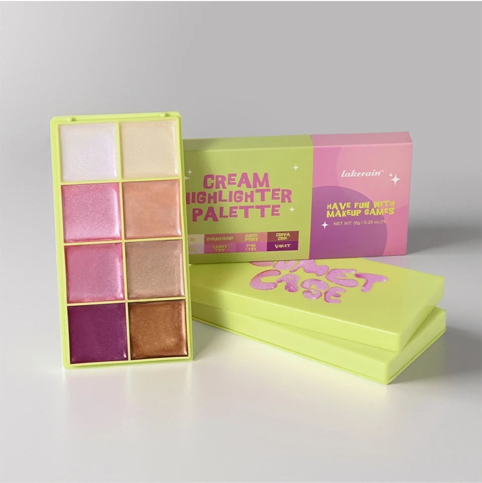 Tidesmit 8 color cream highlighter palette texture close-up for radiant face makeup and luminous shimmer glow