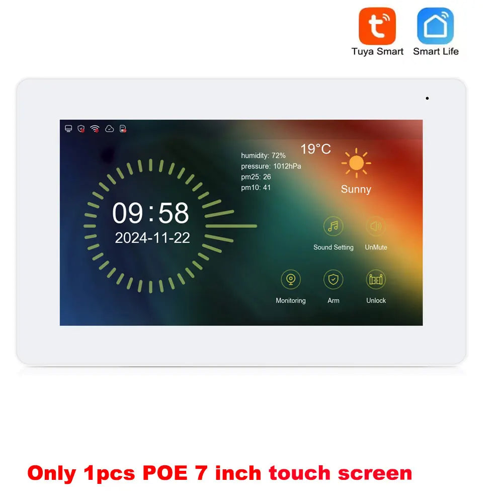 Indoor video intercom 7-inch touch screen showing time, weather, and monitoring buttons
