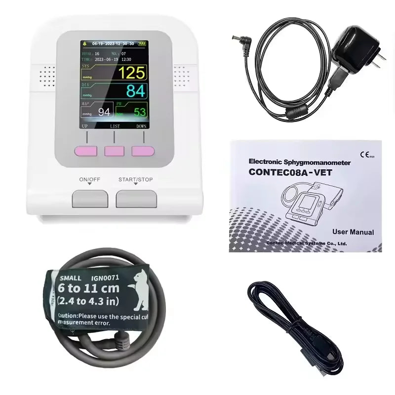 For use in cats and dogs; CONTEC08A veterinary blood pressure monitor, can be used with a blood oxygen probe if desired