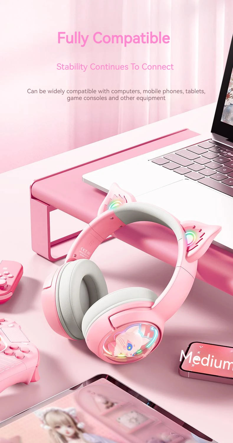 Wireless Cat Ear Gaming Headset | Low Latency Over-Ear Headphones Tidesmit