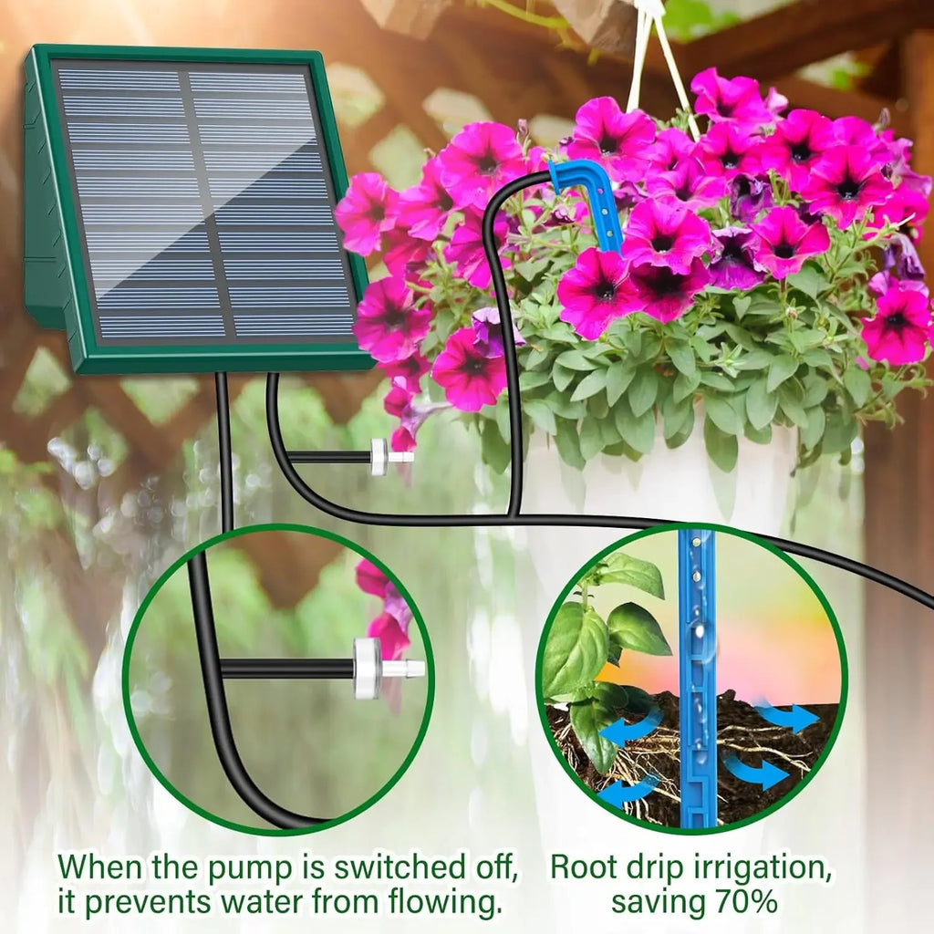 Solar drip irrigation pump with hanging solar panel and blue drip lines for flower pots