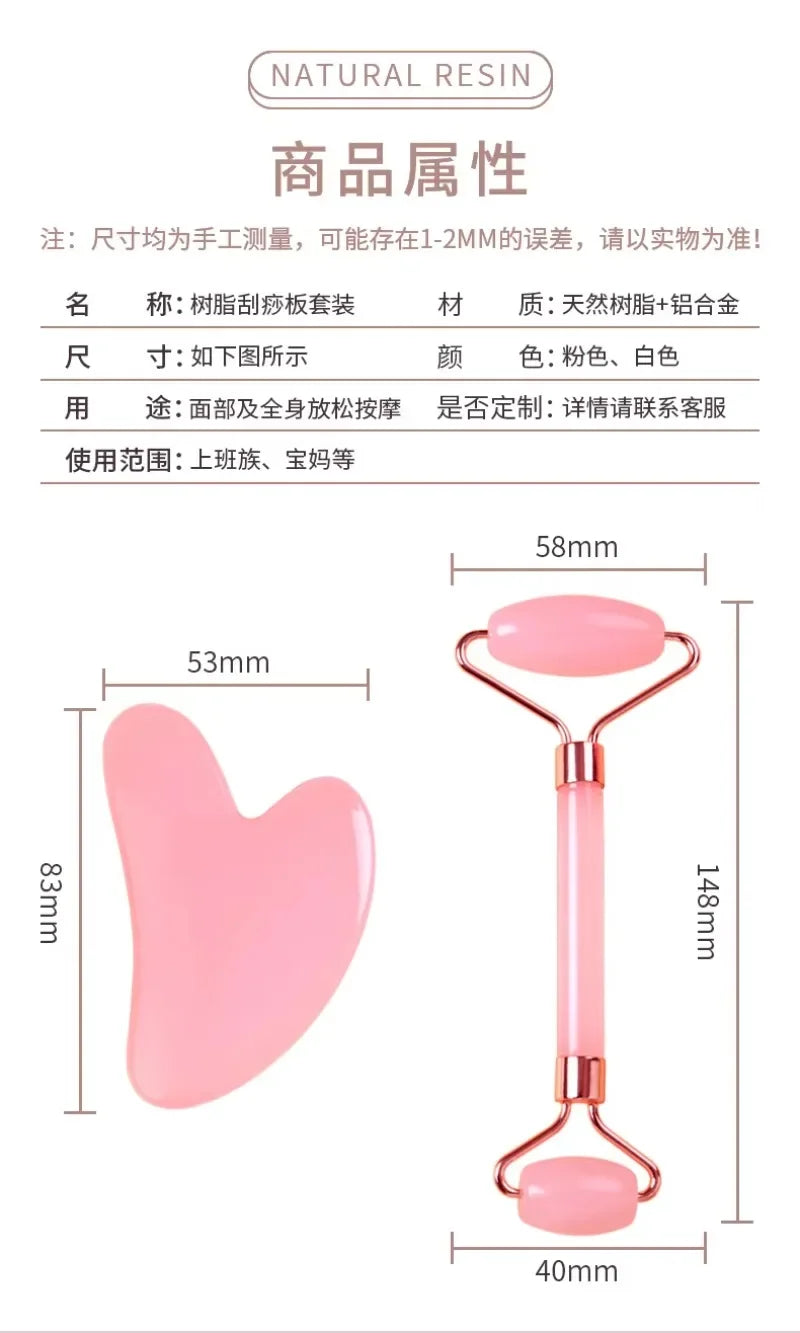 Pink resin facial roller and heart-shaped gua sha scraper set for skin massage, wrinkle reduction, and face lifting.