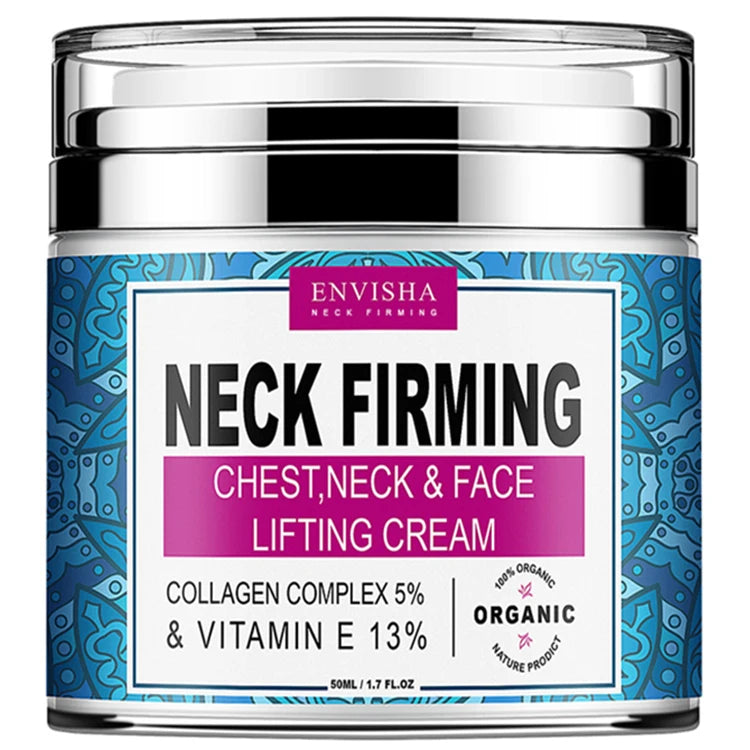 Envisha Neck Firming Cream in a glass jar with a metallic silver lid and a blue-patterned label with purple accents.