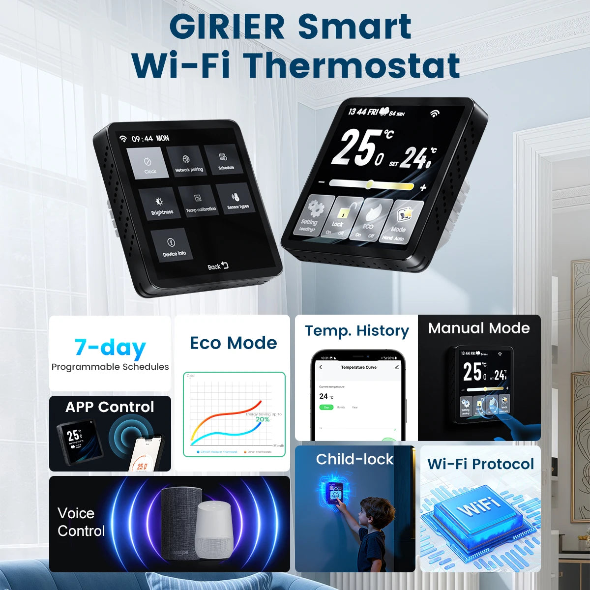 GIRIER Smart Thermostat WiFi Programmable Temperature Controller for Water/Gas Bolier Electric Heating System Works with Alexa