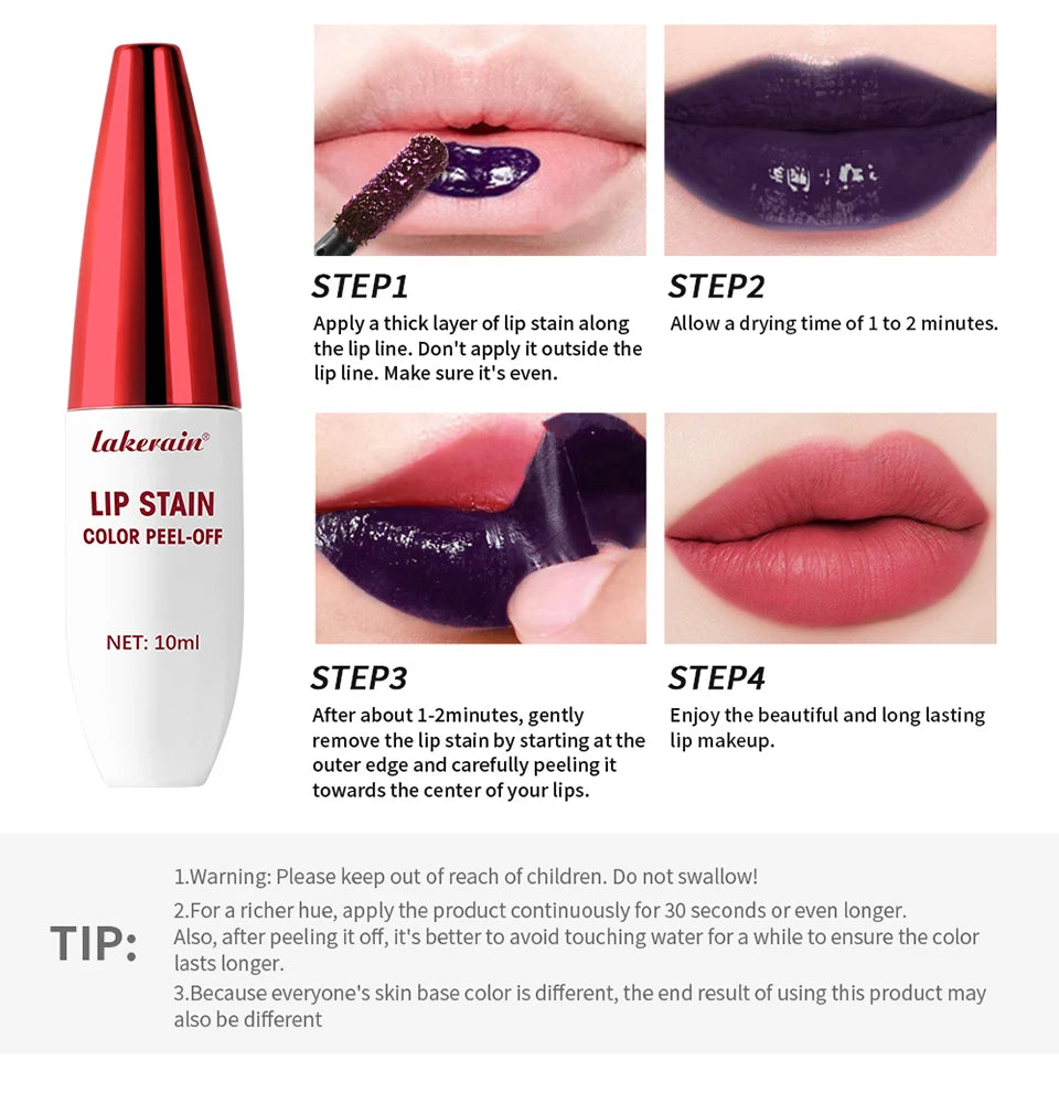Waterproof peel-off lip stain in deep purple, transforming into a long-lasting, matte pink finish. Step-by-step tutorial.