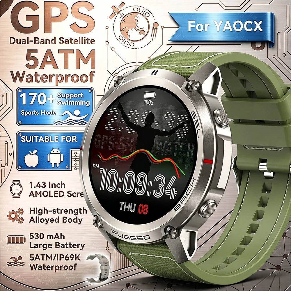 2026 New Outdoor GPS Smart Watch Map Compass Navigation 5ATM Waterproof Bluetooth Call 100+Sport Mode Men AMOLED HD Smart Watch