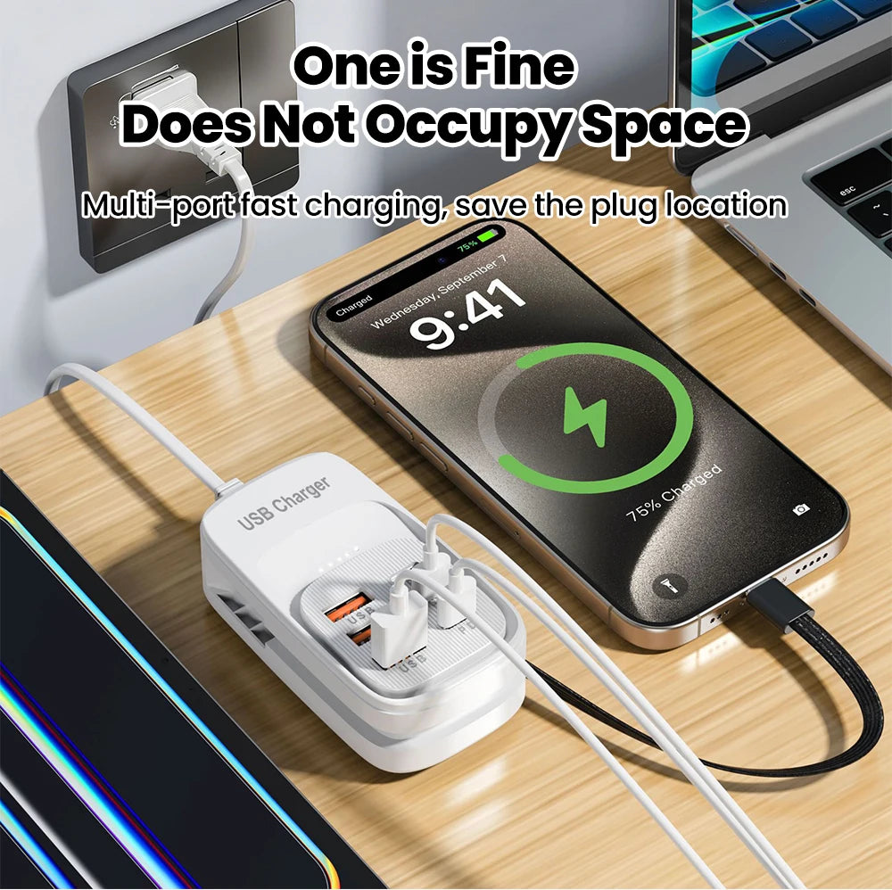 EU/US/UK 6-Ports USB Charging Extension Socket with Type-C Cable 3USB 3PD Power Strip Desktop Charging Station HUB Adapter 5V2A