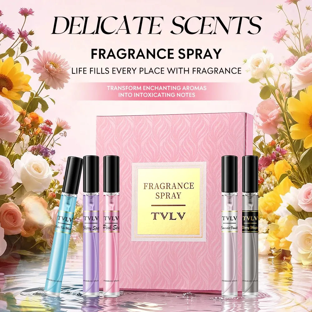 TVLV Brazilian fragrance body spray gift set, 5 slim travel-size bottles with floral scents in a pink decorative box.