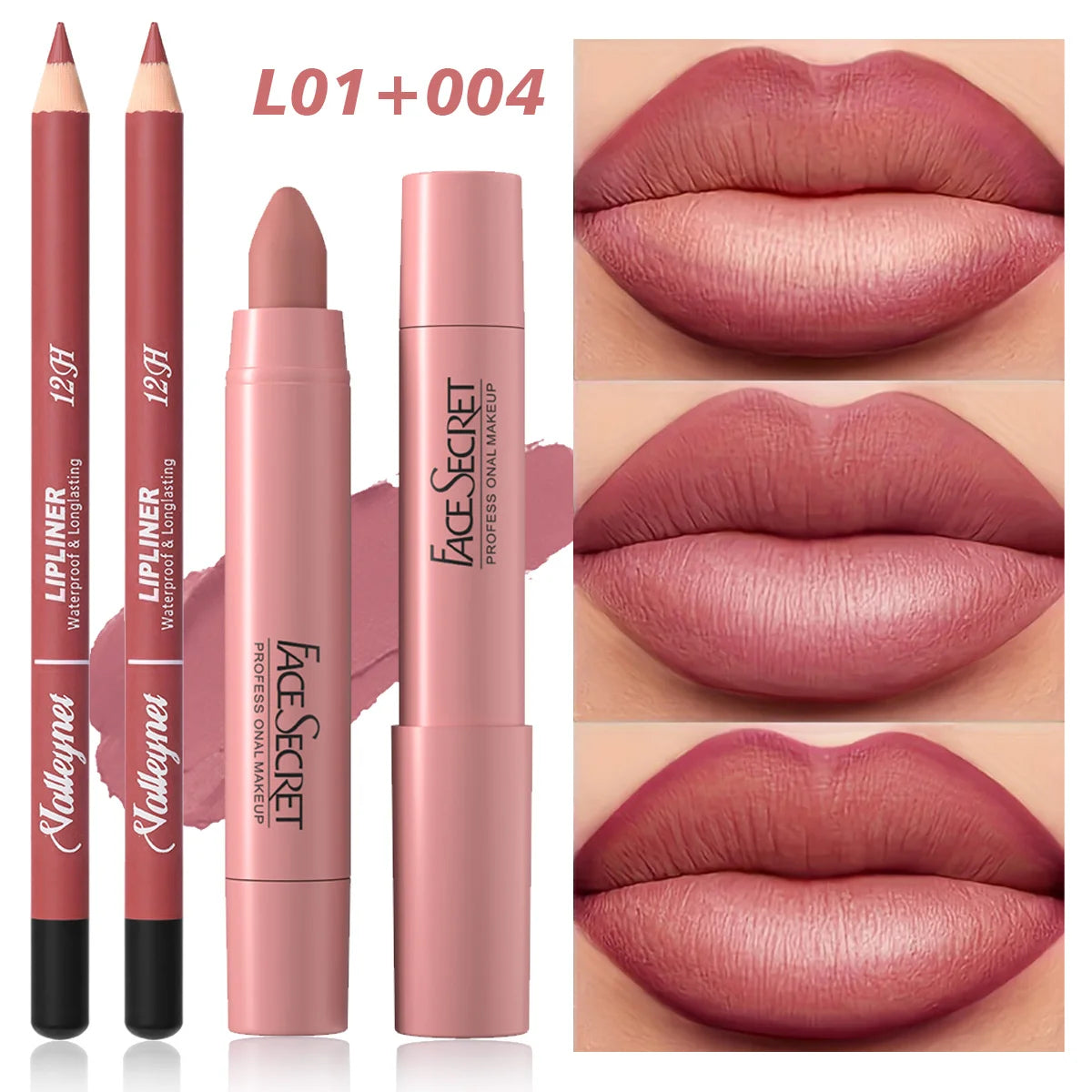 2Pcs lip makeup set with waterproof lip liner and matte velvet lipstick in a smooth, long-lasting dusty rose shade.