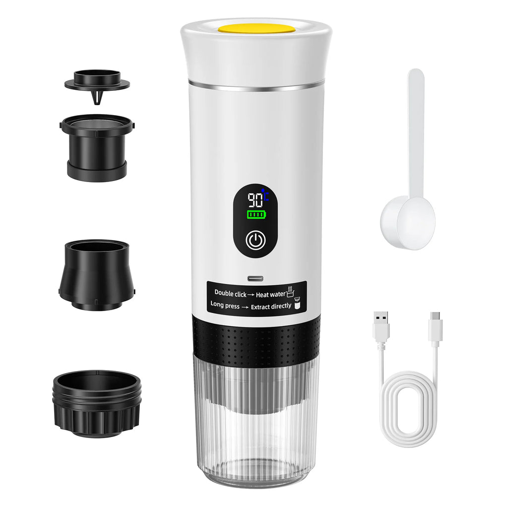 Portable white electric coffee maker with digital temperature display, charging cable, and removable filter components.