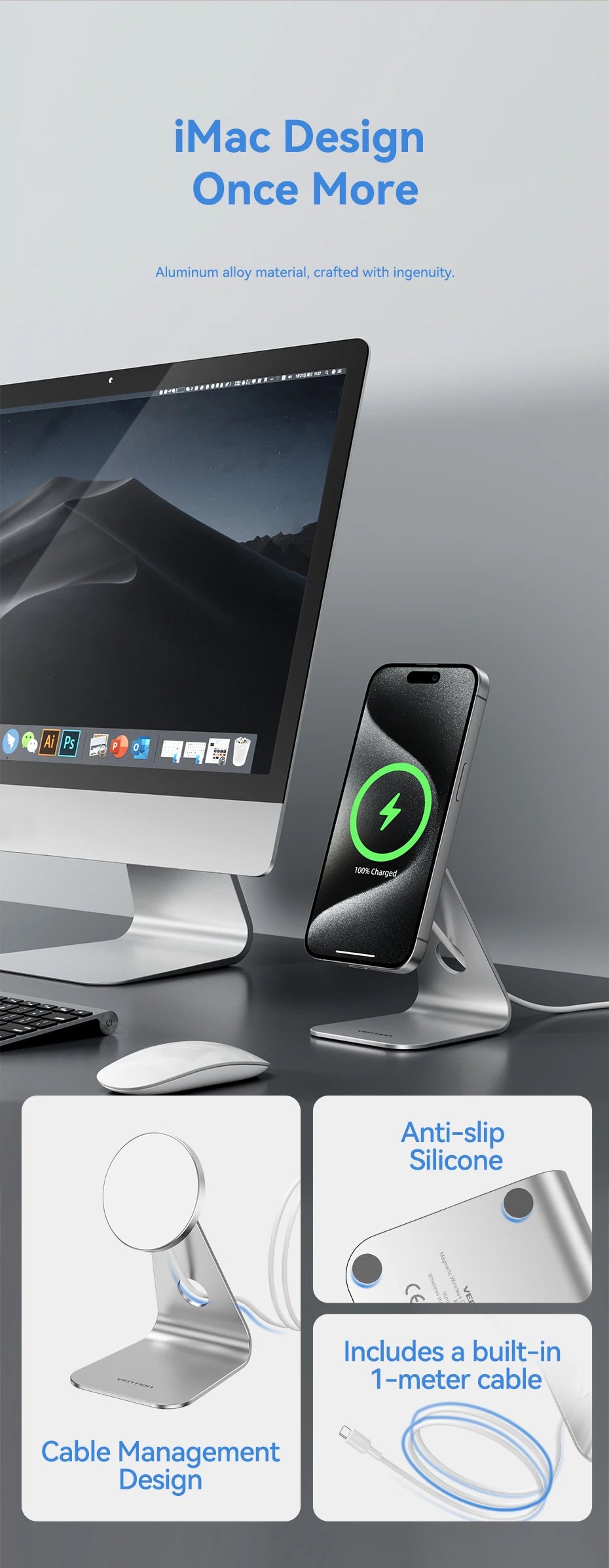 Vention Desktop 15W Magnetic Phone Wireless Charger with 1M Cable For Magsafe iPhone 15 14 13 12 Fast Charging Station Dock