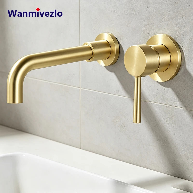 Wall Mounted Basin Mixer Tap, Single Lever Hot Cold Concealed Bathroom Sink Faucet, 2-Piece Wall Mount Brass Vanity Tap with Long Spout, Modern Minimalist G1/2 EU Standard for Bathroom Renovation