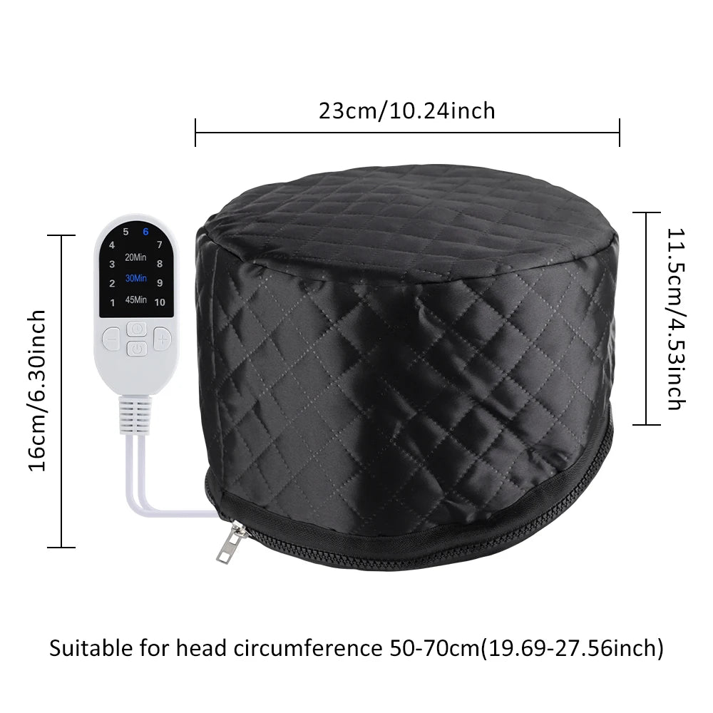 Black quilted electric hair steamer cap with 10-level heat and 3-time settings for deep conditioning home SPA hair care.