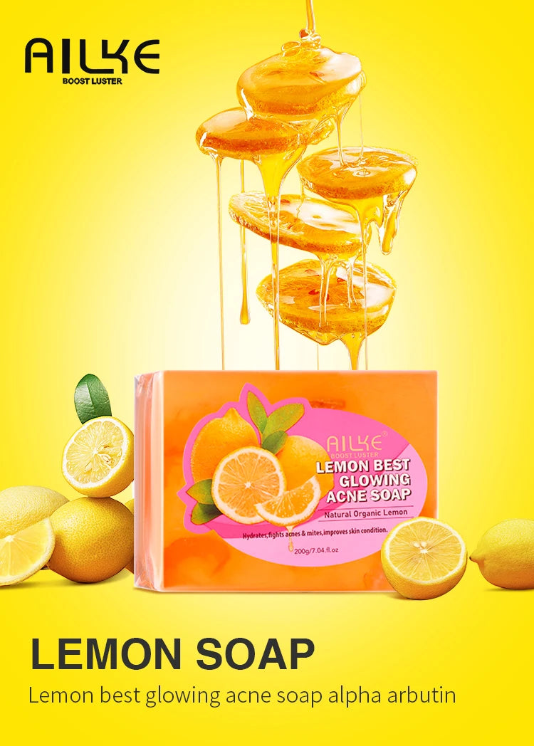 AILKE Lemon Best Glowing Acne Soap: organic, vegan skin brightening bar for dark spots & radiance with lemon extract.