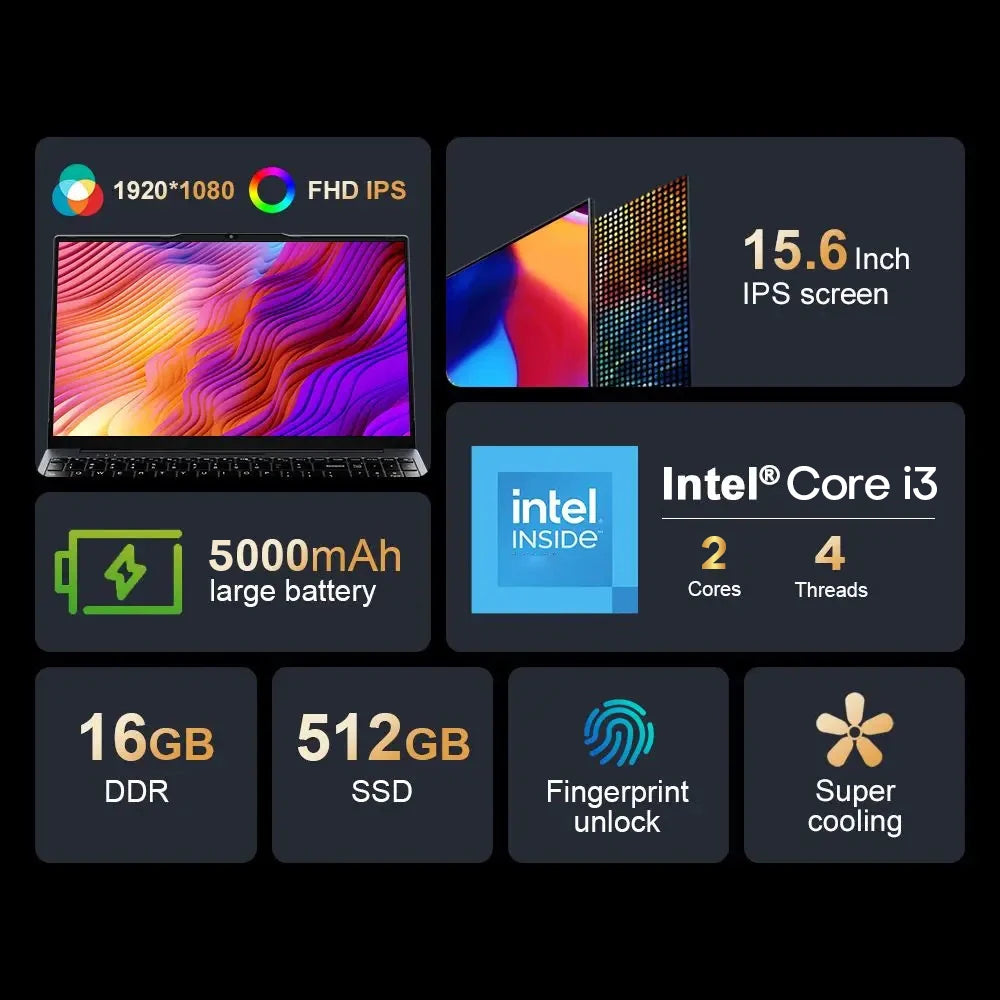 Xiaman 15.6" Intel Notebook PC Ultra Slim Laptop Intel Core i3-6100U 16GB RAM 1TB 2TB SSD Office Study Computer PC Windows 11