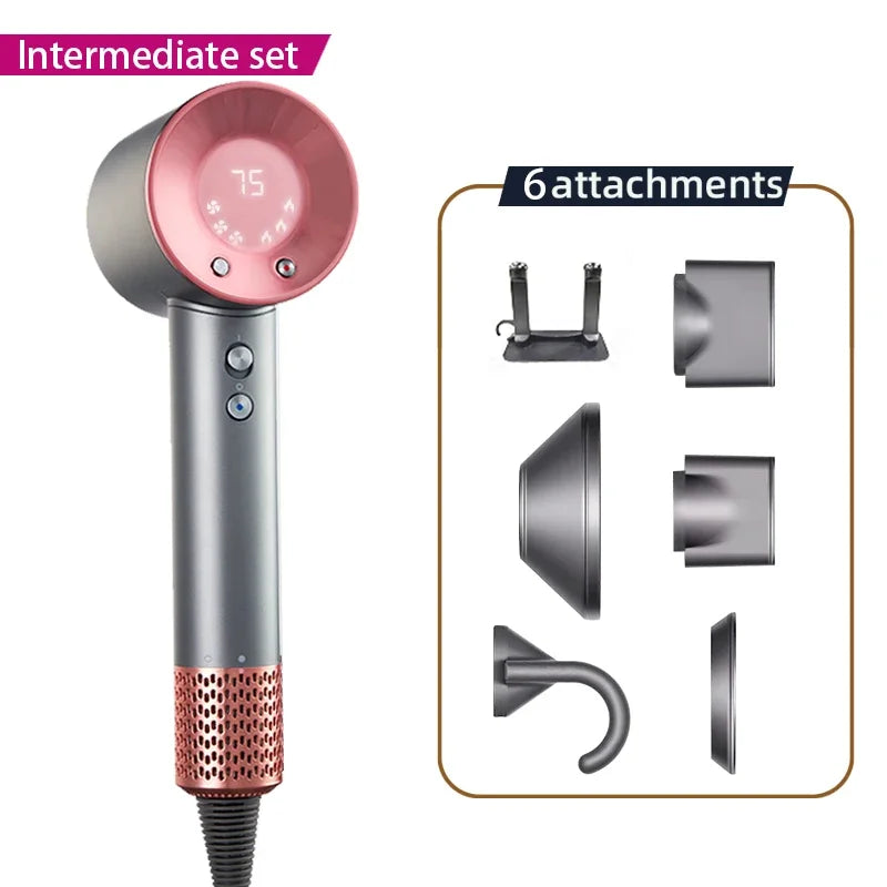 Grey and rose gold high-speed hair dryer with LED temp display and 6 styling attachments for professional hair care.
