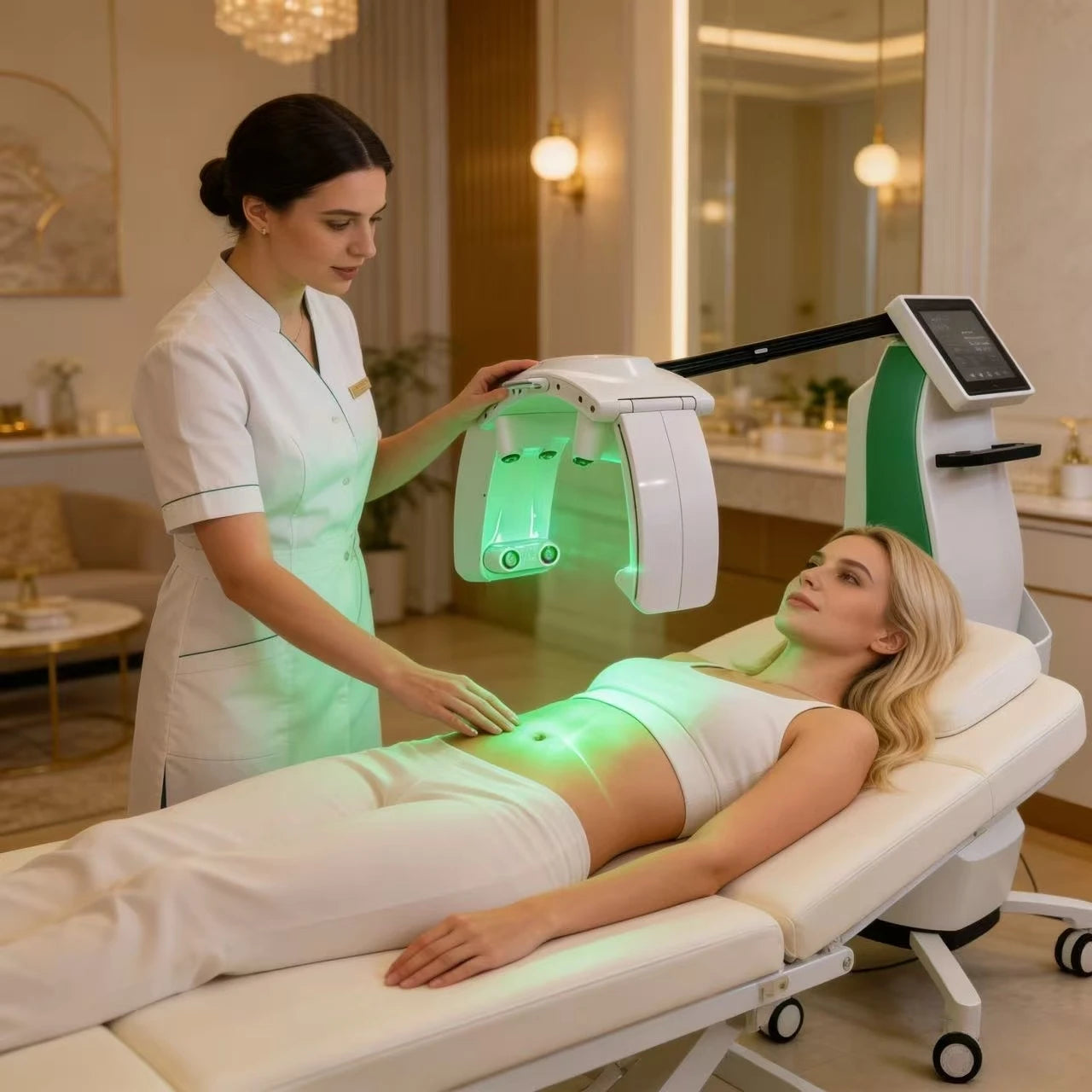 Standing LLLT green light therapy device for painless fat removal and weight loss used on a client in a clinic.