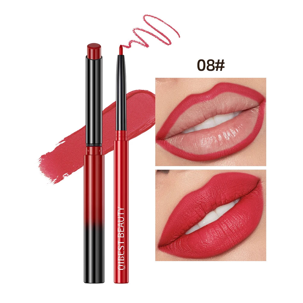QIBEST red matte lipstick and lip liner pencil set for velvet finish and precise lip contouring.