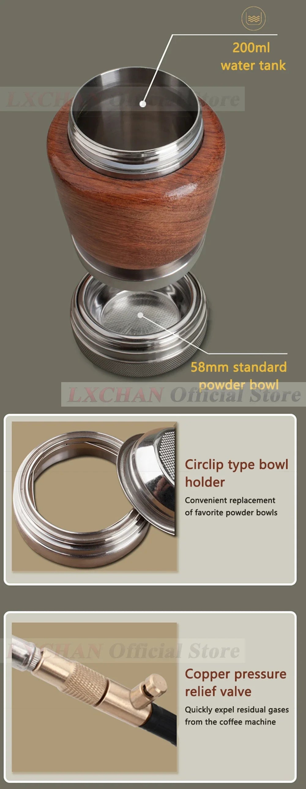LXCHAN 200ml portable espresso maker with wood grain finish, 58mm stainless filter basket and copper pressure valve.