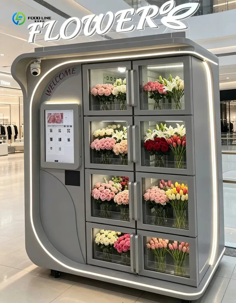 Flower vending machine with illuminated glass display compartments, touchscreen ordering, and fresh floral bouquets.