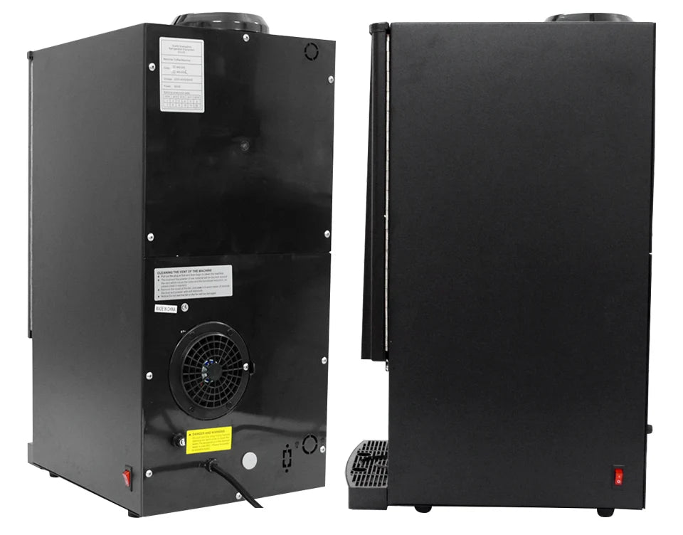 Black commercial coffee machine, matte finish, rear view with cooling fan, power switch, and technical specs labels.