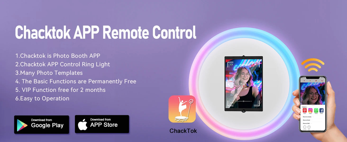 Chacktok photo booth app remote control with a smartphone, circular LED ring light, and interface for media sharing.