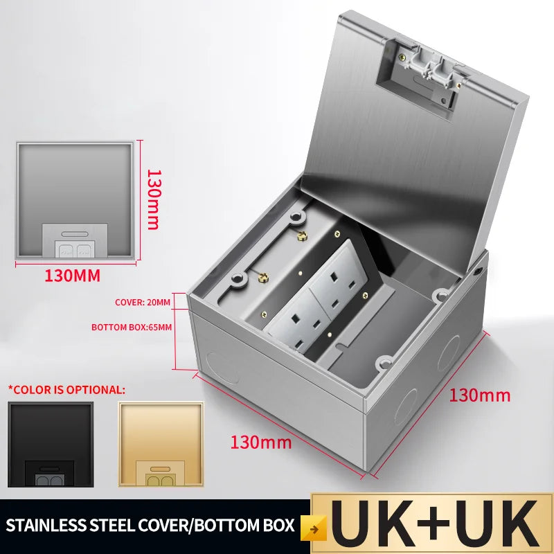 Concealed stainless steel floor socket box with open cover and outlet openings