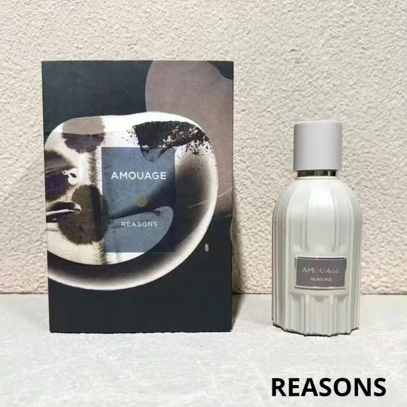 Amouage Reasons EDP: Unisex 100ml woody-oriental perfume in a fluted white bottle with elegant, long-lasting scent.