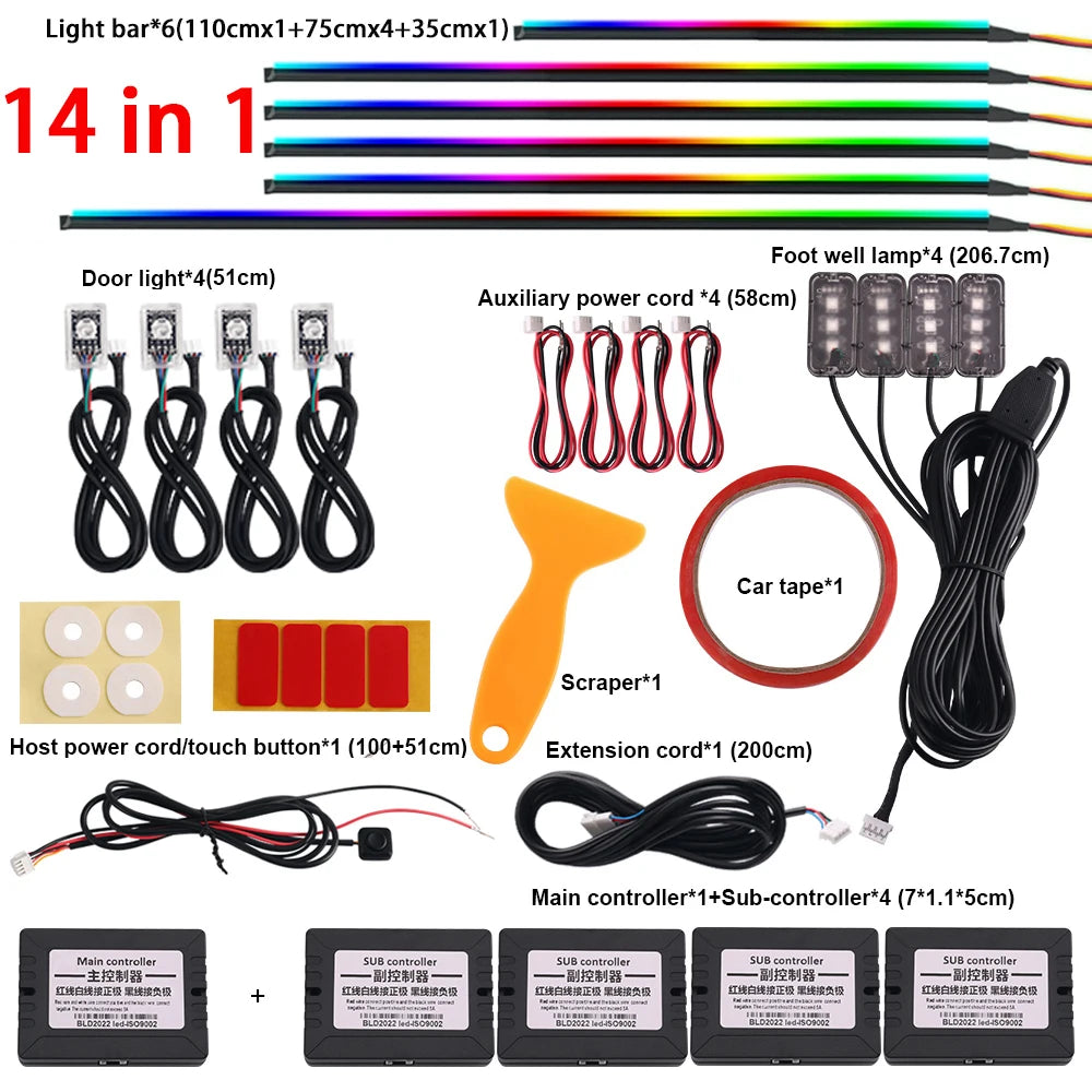 RGB LED Interior Car Strip Lights with App Control and Sync 14 in 1 Full Color Tidesmit