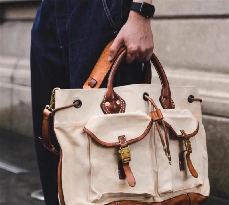 Organizers designers handmade heavy canvas genuine leather men's large-capacity handbags vintage luxury outdoor travel tote bag