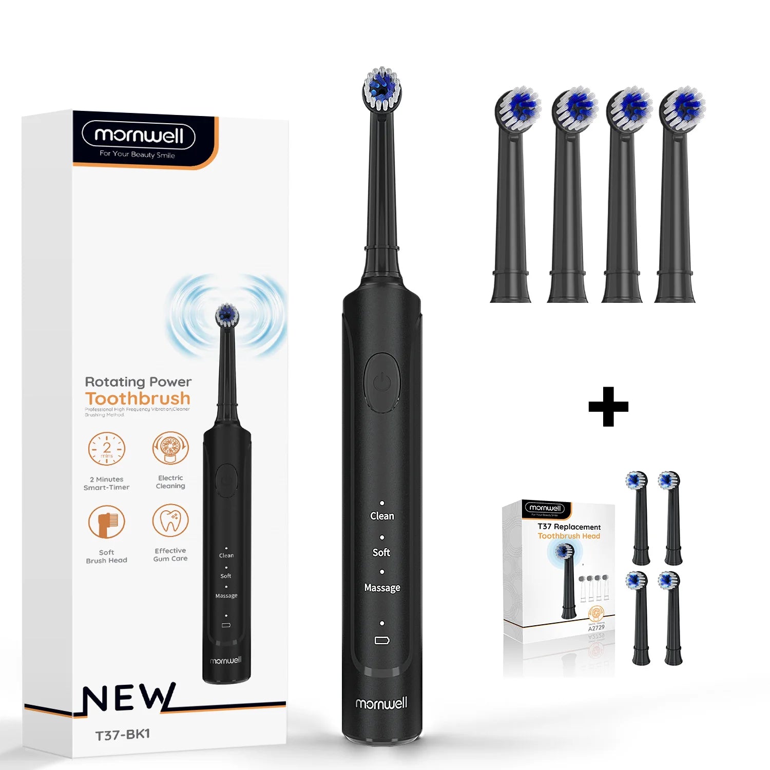 Electric Toothbrush Rotation Clean Teeth Adult 3 Modes Teeth Brush T37 Sonic Electric Tooth Brush With 4 Extra Replacement Heads