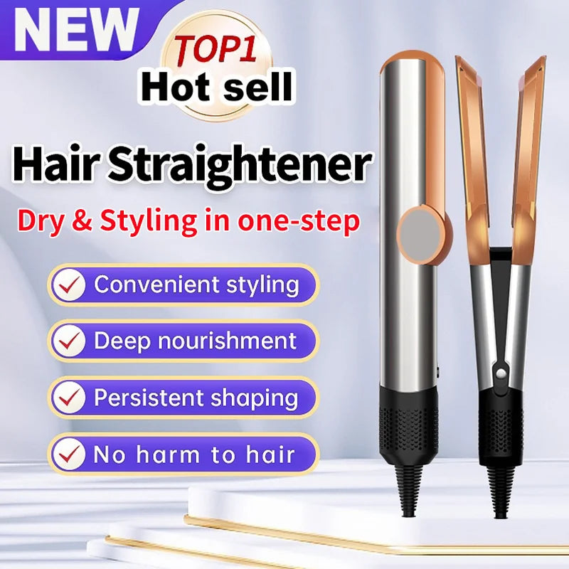 Silver and rose gold ionic hair straightener and dryer combo for professional one-step styling and damage-free hair.