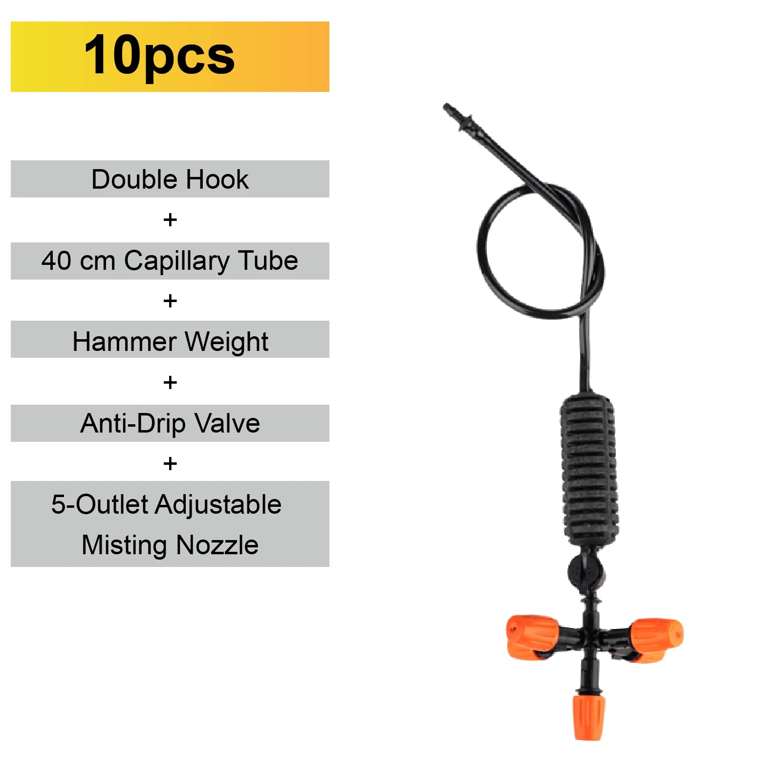 10-pack 5-outlet adjustable misting micro sprinkler nozzle with double hook and capillary tube
