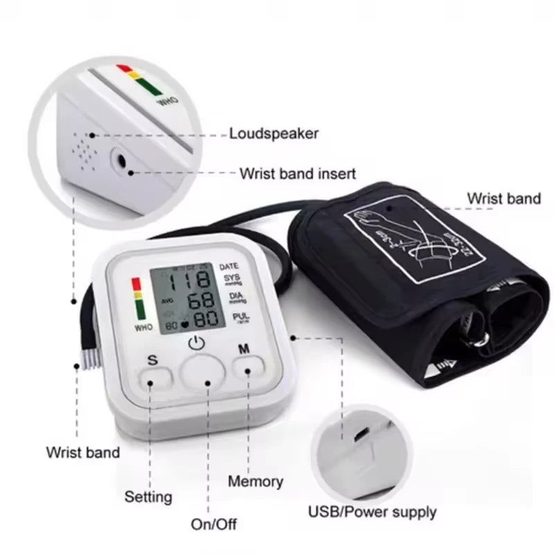 Portable Tonometer Digital Tensiometer Heart Rate Monitor Arm Blood Pressure Monitor BP Equipment Automatic Professional Medical